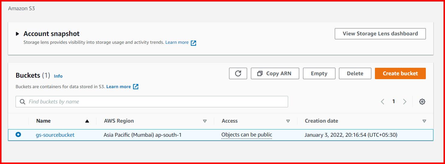 Picture showing the S3 bucket created in AWS